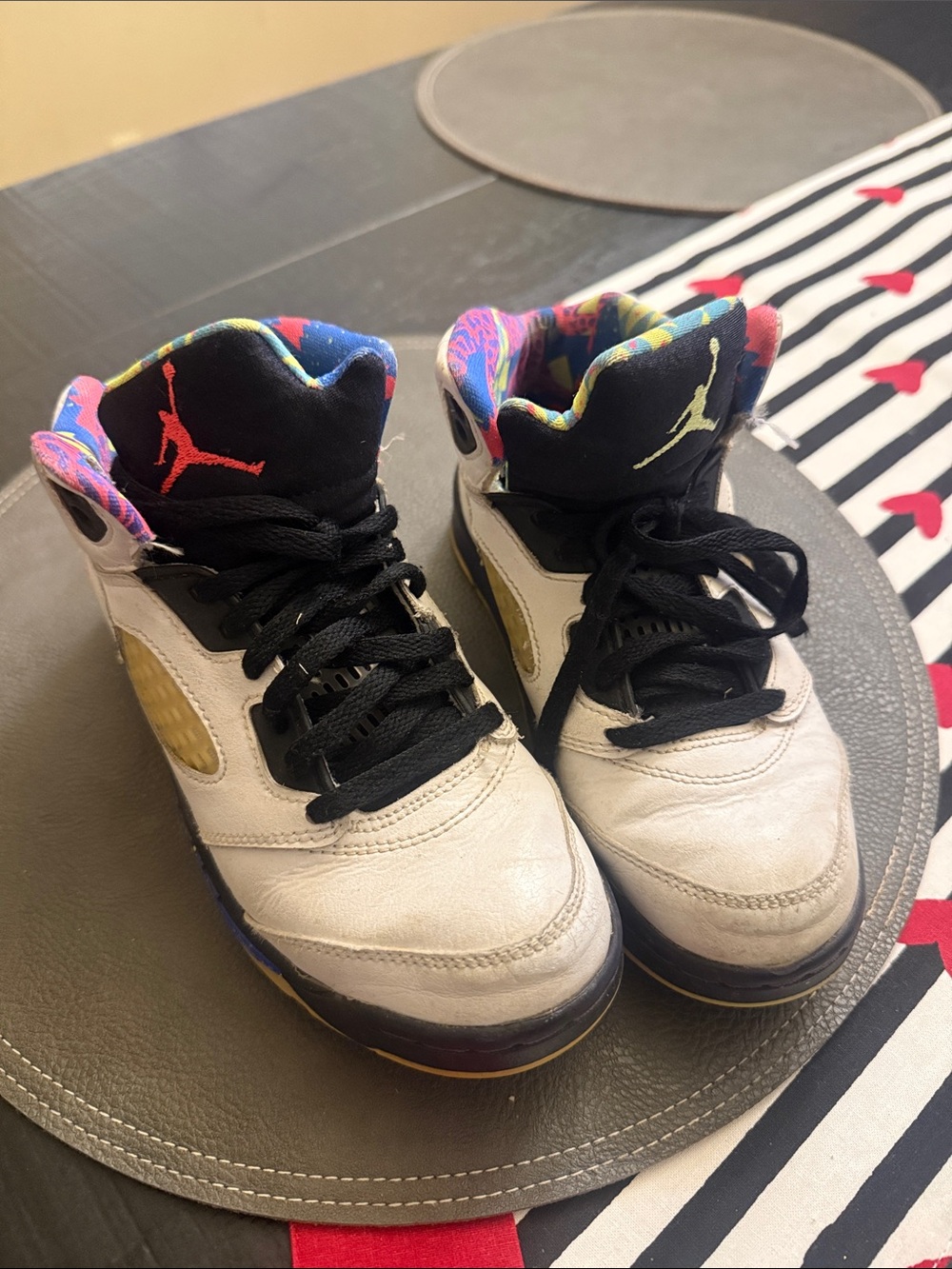 Jordan High-Top Sneakers in White, Black & Gold with Multicolor Lining